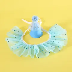 Pet Sequin Lace Bib Rhinestone Gauze Skirt Felt Hat - Rhinestone Blue Set - View 1