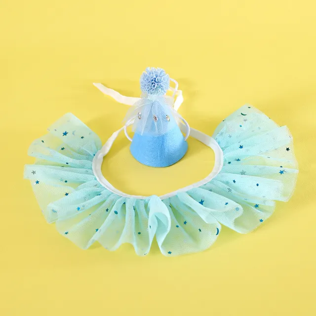 Pet Sequin Lace Bib Rhinestone Gauze Skirt Felt Hat Rhinestone Blue Set - Shop at LoveMi