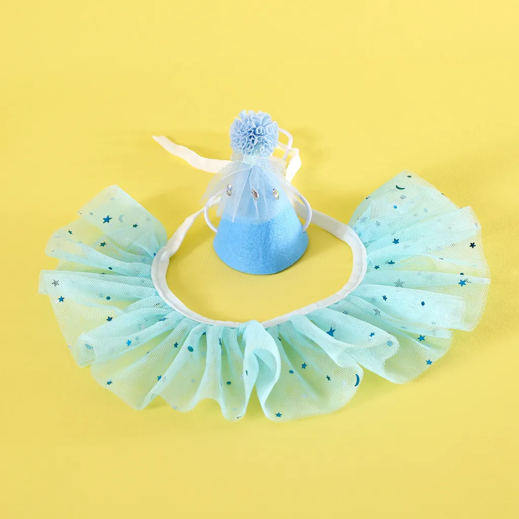 Pet Sequin Lace Bib Rhinestone Gauze Skirt Felt Hat - Rhinestone Blue Set