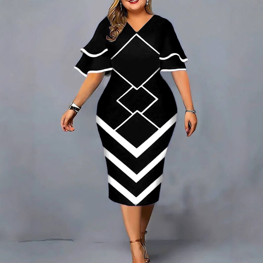 Printed Fashionable Elegant Slim-fit Sheath Plus Size Dress