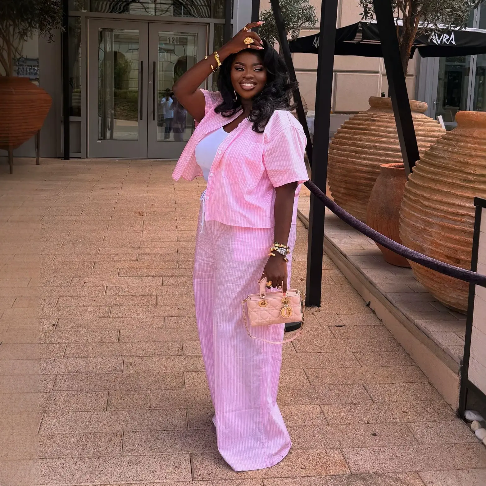 Striped Short-sleeve Loose-fit Shirt And High-waisted Trousers