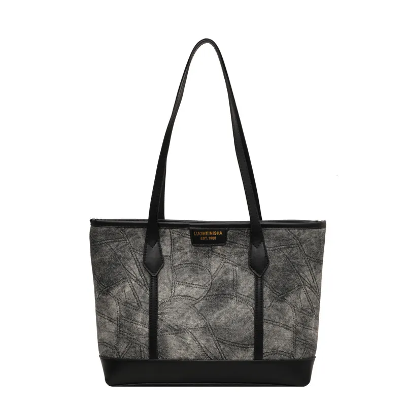 All-match One-shoulder Denim Tote Bag - Black