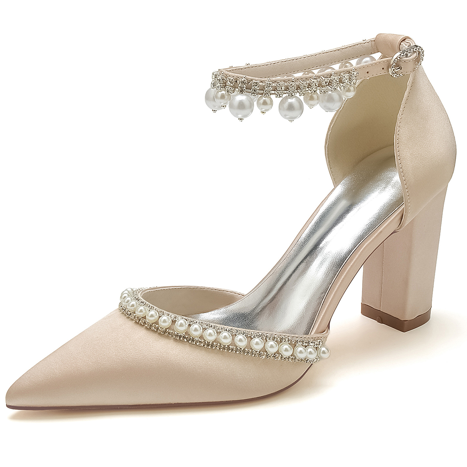 Title 3, Satijnen pumps met spitse neus, blokhak, strass...