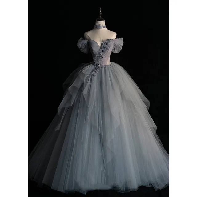 Female Texture Host Gift Tulle Tutu French Banquet Princess Dress Blue And Gray - Shop at LoveMi