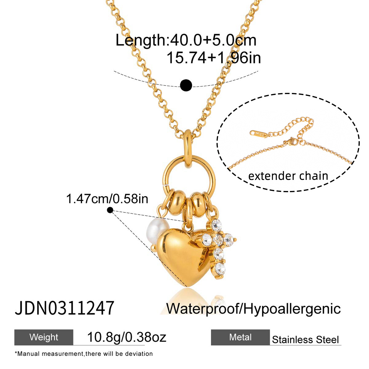 Collier Cœur Zircon Acier Titane — Pendentif Doré pour Femme