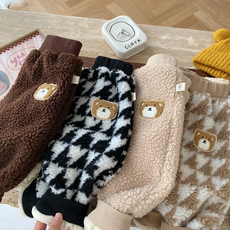Autumn and Winter Girls Thick Bear Casual Lambswool Trousers