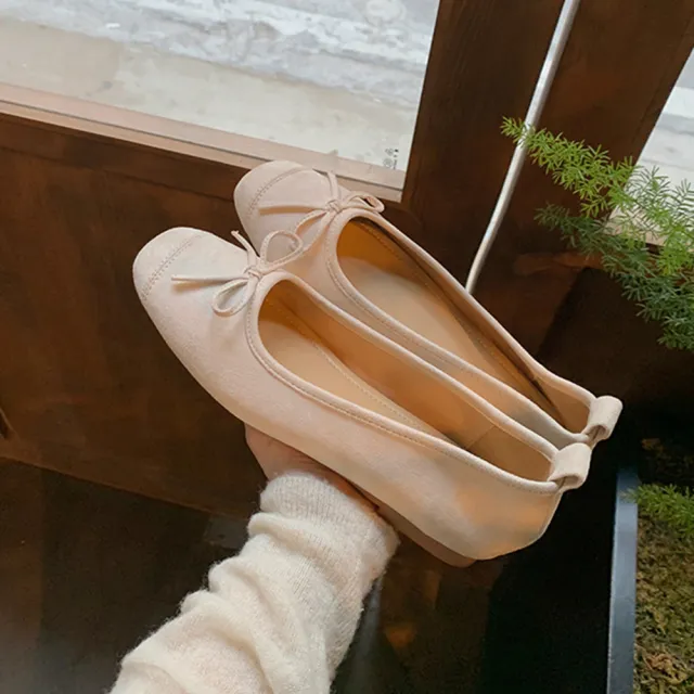 Women's Round toe Ballet style Bowknot Soft Surface Low cut Flat Shoes Beige - Shop at LoveMi