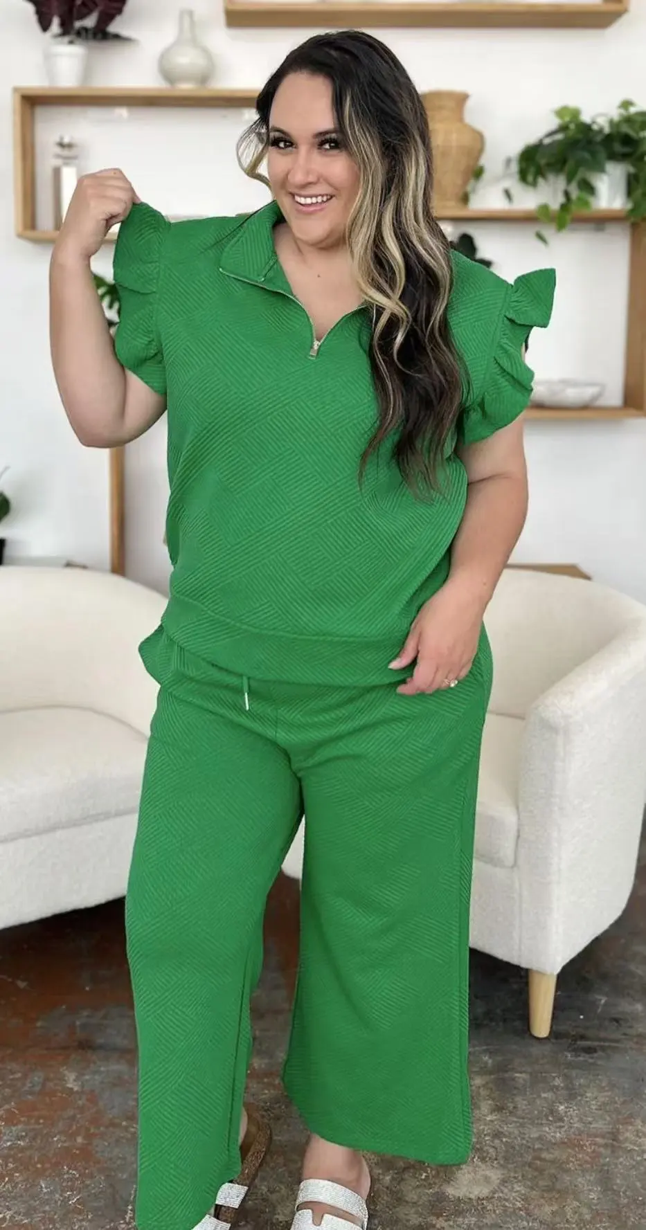 Women's Half Zip Short Sleeve Top Waist Strap Stretch Waist Pocket Shorts - Green