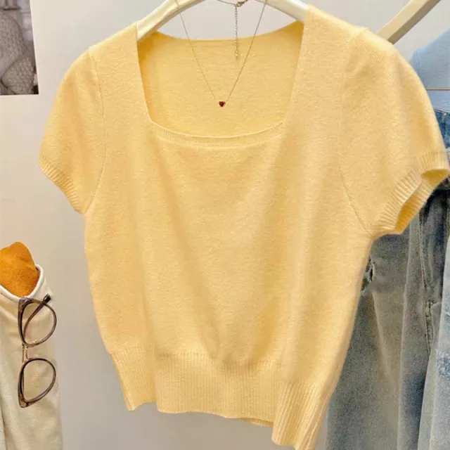 Solid Color Fashion Temperament Square Collar Pullover Short Sleeve Sweater Yellow - Shop at LoveMi