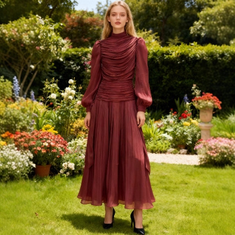 Women's French Tie Fashion Pleated Chiffon Dress Wine - Shop at LoveMi
