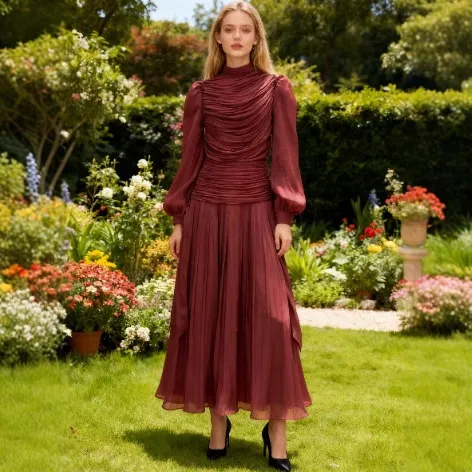 Women's French Tie Fashion Pleated Chiffon Dress Wine Red - Shop at LoveMi