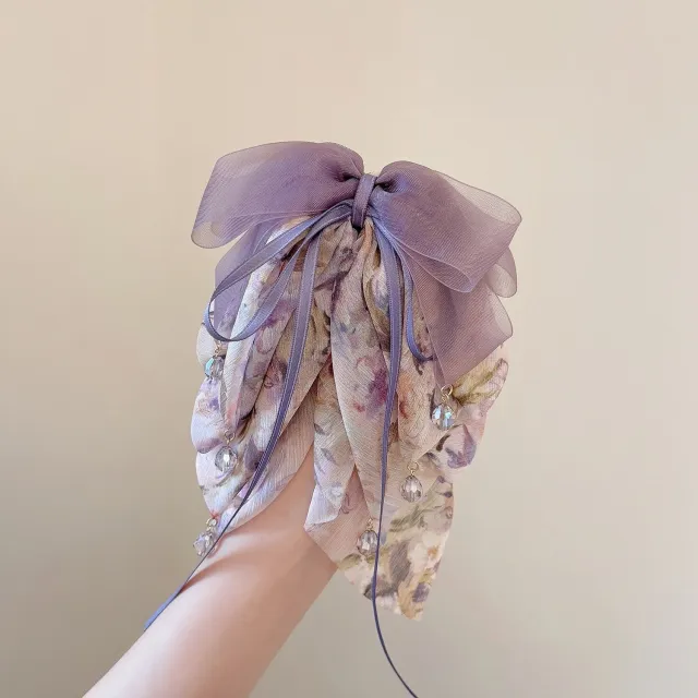 Purple Mesh Chiffon Floral Grip Half Tie Purple Printed Ponytail Clip - Shop at LoveMi