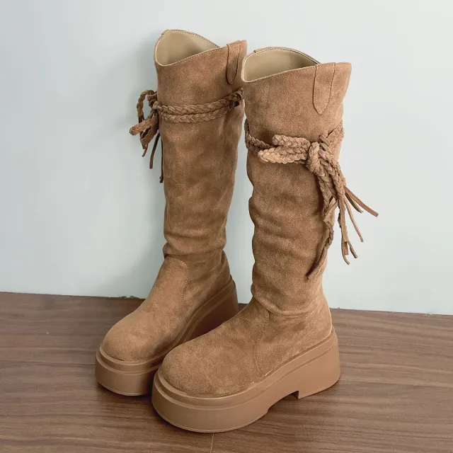 Retro Fashion Versatile Fringe Stacked Boots Women Brown - Shop at LoveMi