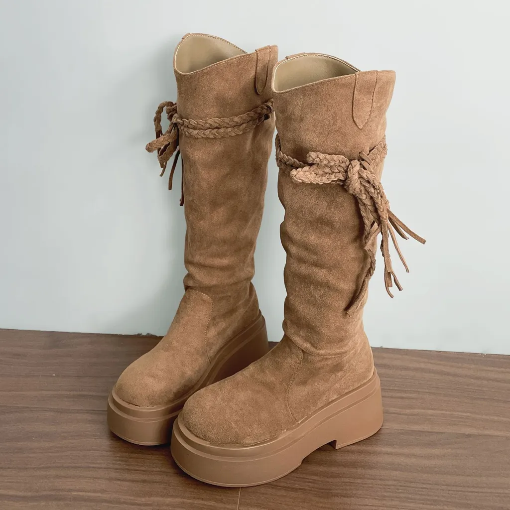 Retro Fashion Versatile Fringe Stacked Boots Women - Brown