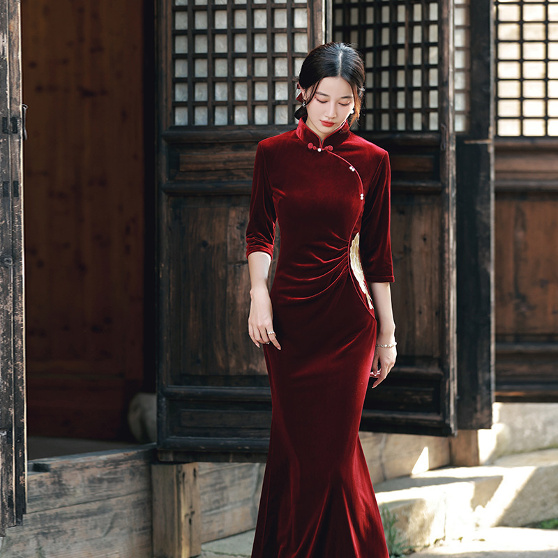 Improved Chinese style Velvet Embroidered Dress Slim Dress Wine Red - Shop at LoveMi