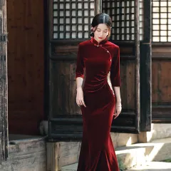 Improved Chinese-style Velvet Embroidered Dress Slim Dress - Wine Red - View 1