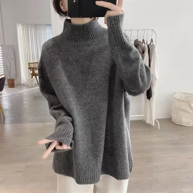 Solid Color Loose High Collar Thickened Sweater Dark Gray - Shop at LoveMi