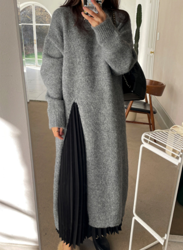 Loose And Idle Pullover Side Slit Over The Knee Knitted Sweater Dress Gray Grey - Shop at LoveMi