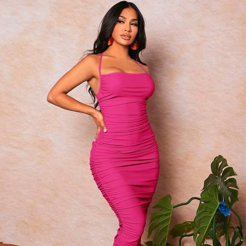 Temperament Pleated Backless Sexy Pure Desire Mature Sister Bodycon Dress Rose Red - Shop at LoveMi