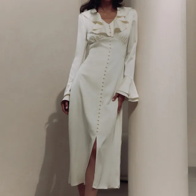 Elegant Intellectual Flounce Stitching Pearl Modified Flared Sleeve Tight Dress Beige - Shop at LoveMi