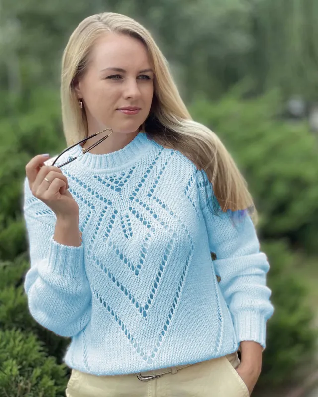 European And American Leisure Diamond Hollow Round Neck Long Sleeve Sweater Blue - Shop at LoveMi