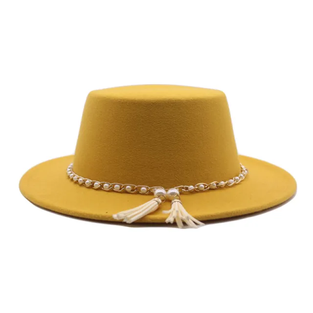 Fashion Flat Brim Top Hat Women Flat Top Woolen Hat Yellow - Shop at LoveMi