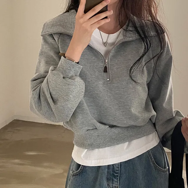 Women's Long sleeved Solid Color Short Sweater Gray - Shop at LoveMi