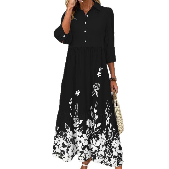 Digital Printing Button Blouse Collar Dress