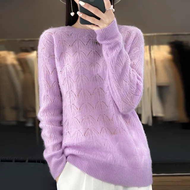 Women's Wool Knitted Round Neck Pullover Hollow out Solid Color Long Sleeve Light Purple - Shop at LoveMi