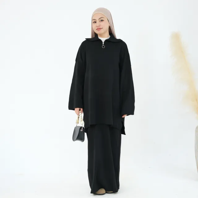 Autumn And Winter Thickening Knitted Top Loose Two piece Suit Black - Shop at LoveMi