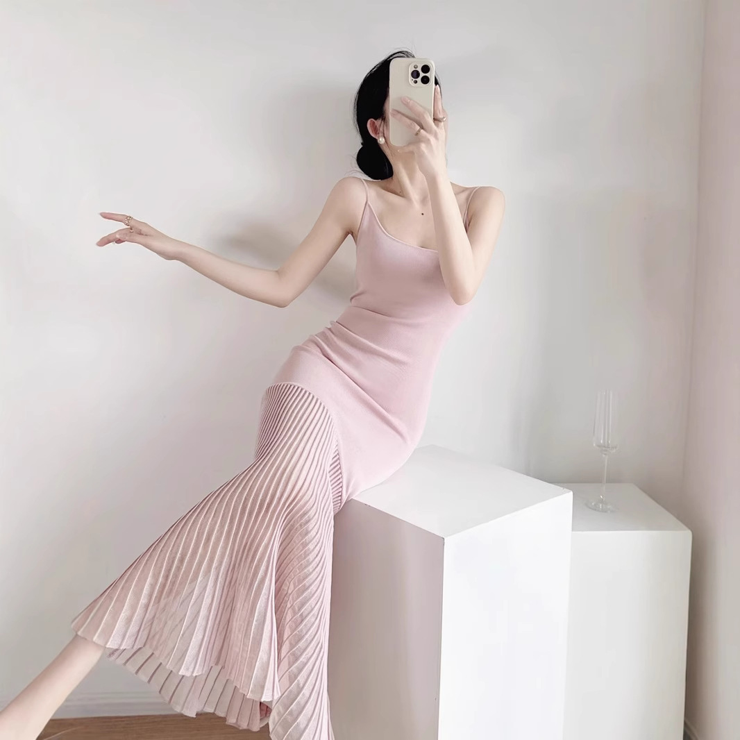 French Style Pure Desire Wind Backless Ice Silk Knitted Sling Dress