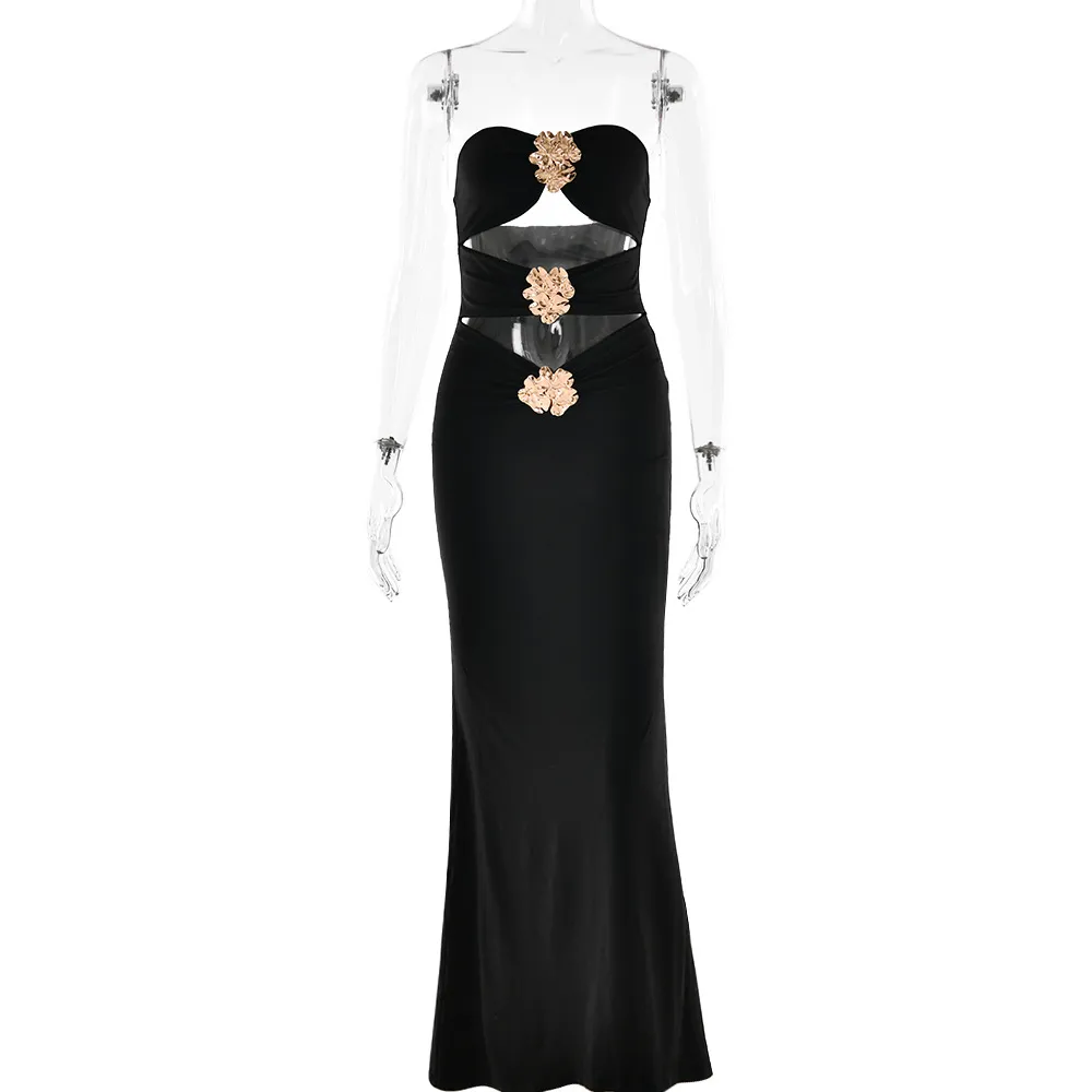 Sexy Tube Top Backless Hollow-out Tight Dress - Black