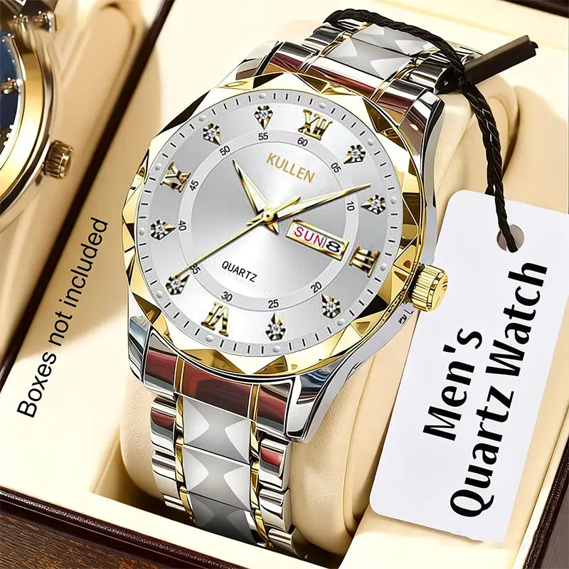 Mens Simple High-End Alloy Diamond-Encrusted Non-Mechanical Quartz