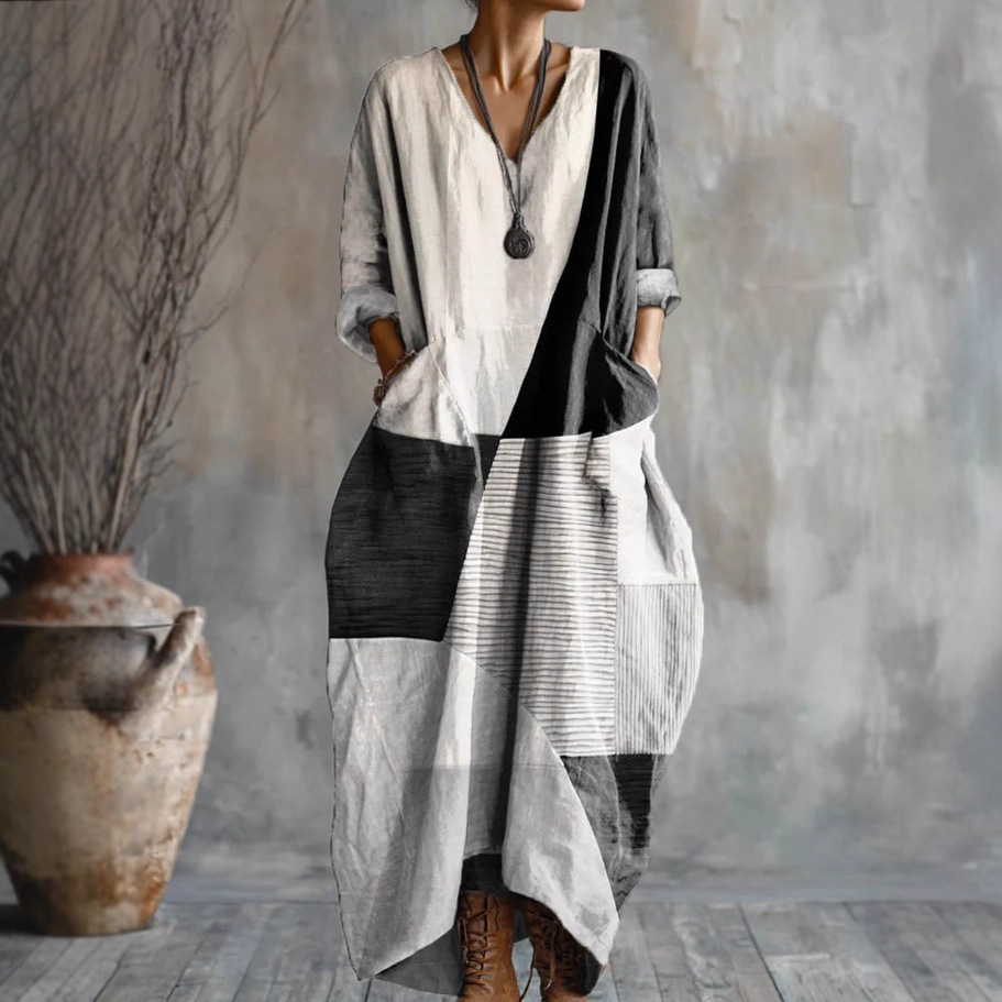 Printed Art Pocket V-Neck Long-Sleeve Dress