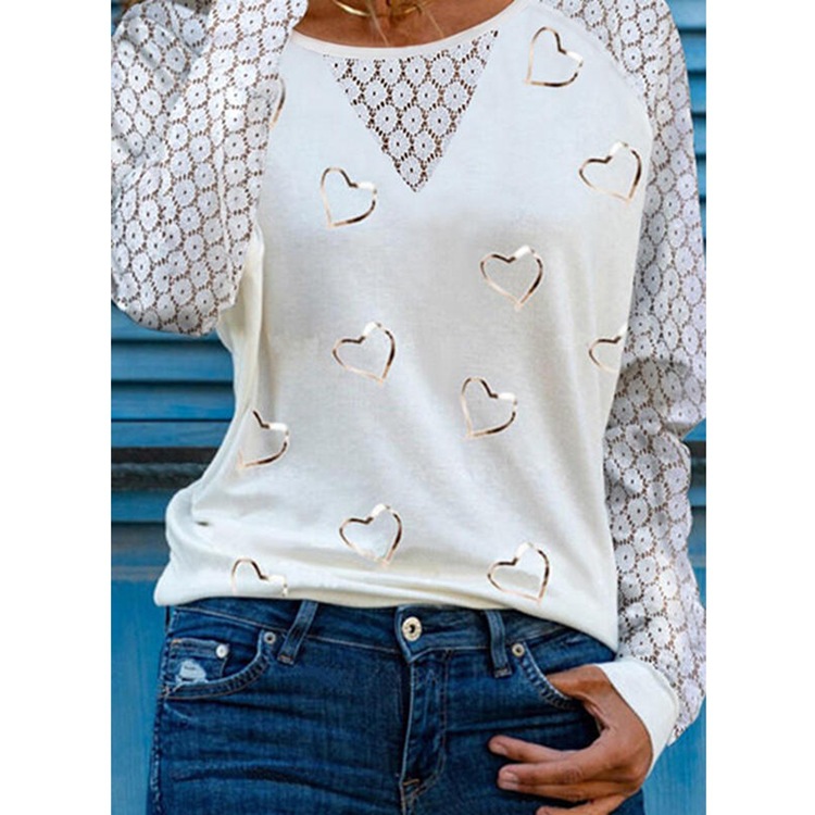 Title 1, Long Sleeve Love Print Round Neck Lace T-Shirt