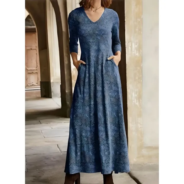 Women's Cotton Printed V neck Pocket Long Sleeved Dress Blue - Shop at LoveMi