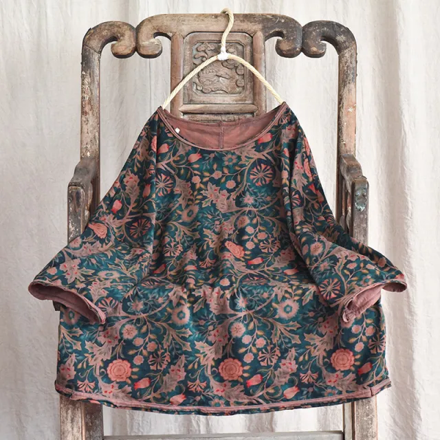 Retro Printed Loose And Comfortable Round Neck Short Sleeve Green Flower - Shop at LoveMi