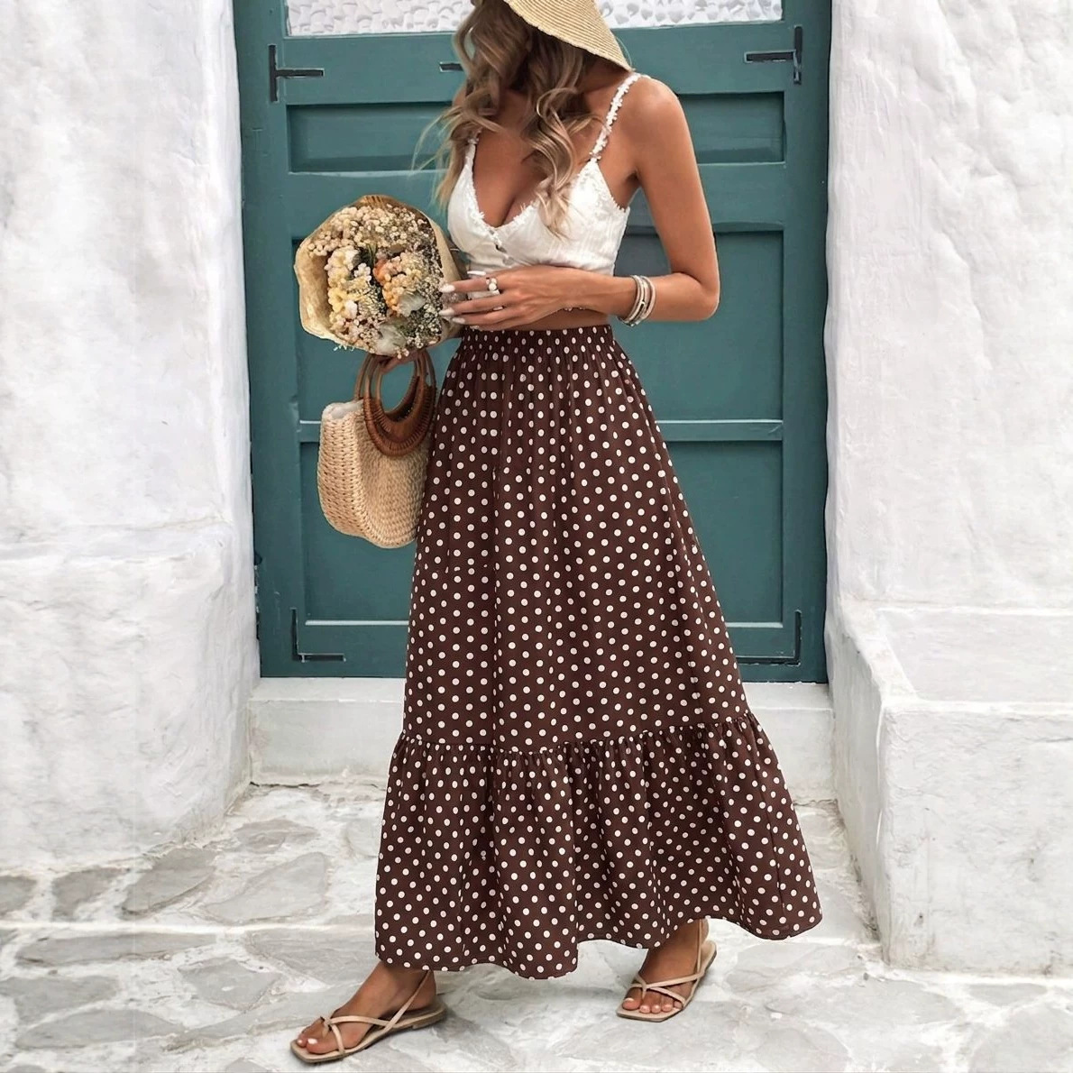European And American-style Brown Polka-dot Summer Skirt
