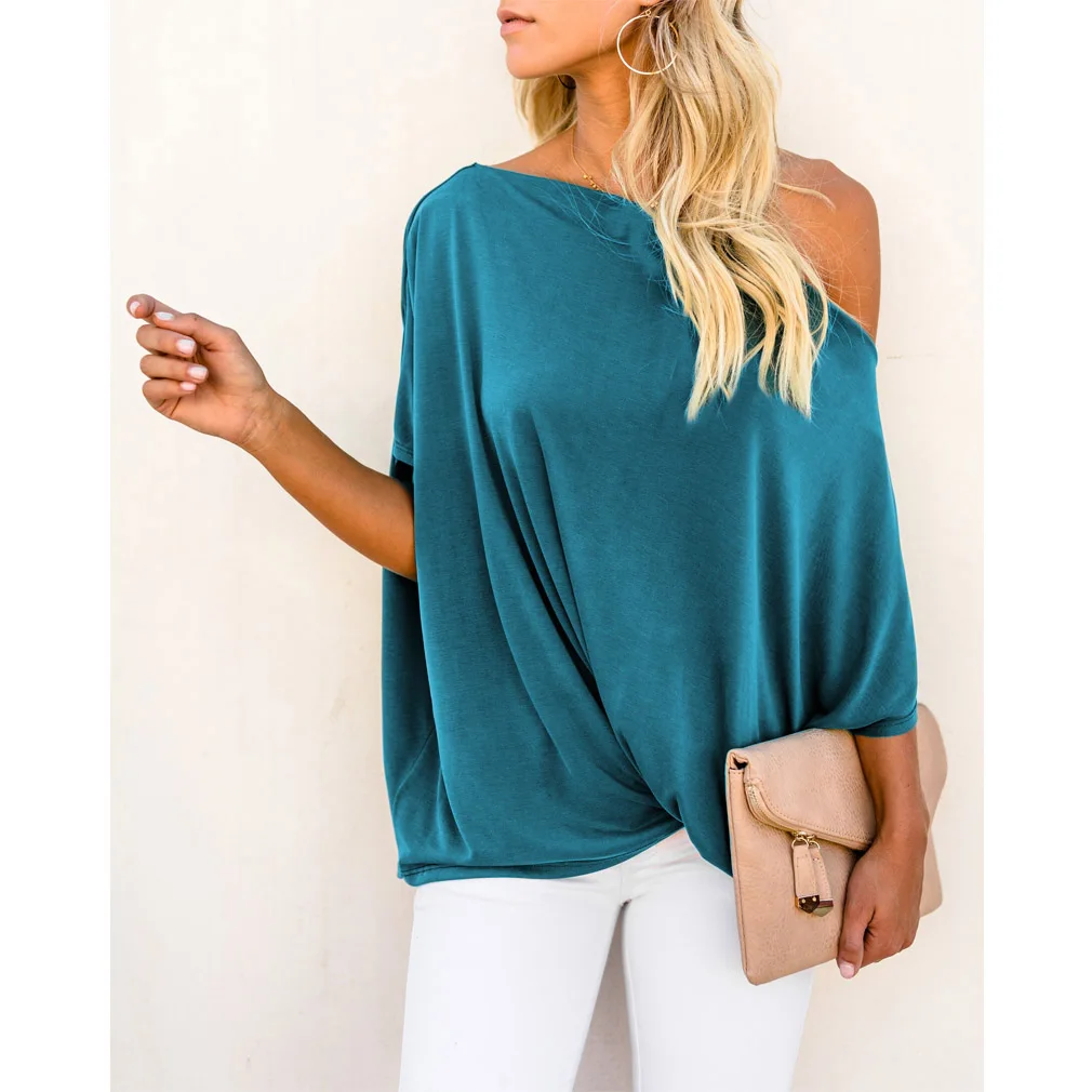 Title 6, Pleated solid color sexy loose shoulder ladies ...