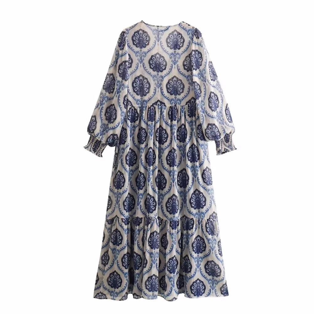 Women's Retro Metal Wire Printing Design Casual Long Dress
