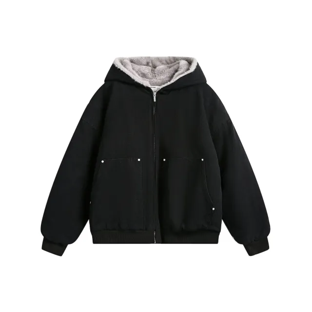 Inner Coat Retro Fur Collar Hood Cotton padded Coat For Men And Women Black - Shop at LoveMi