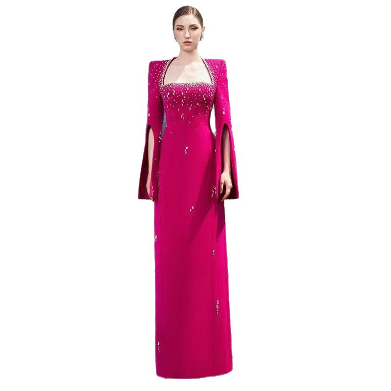 Fashionable Heavily Embellished Beaded Long Dress With A Slit Sleeve And Square Neckline