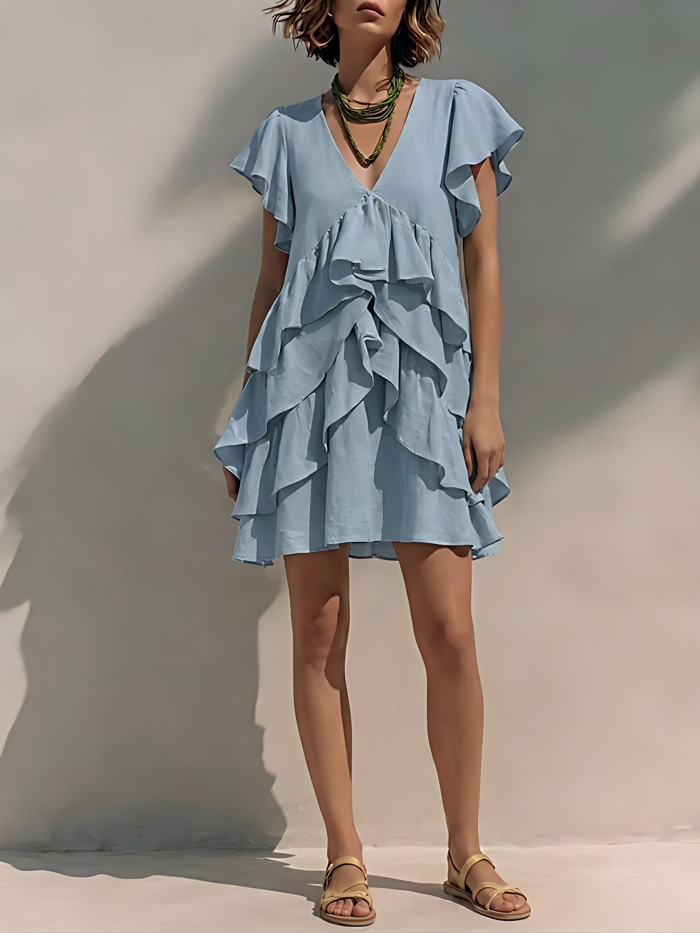 Women's ruffle sleeve casual dress in wine red – lifestyle styling