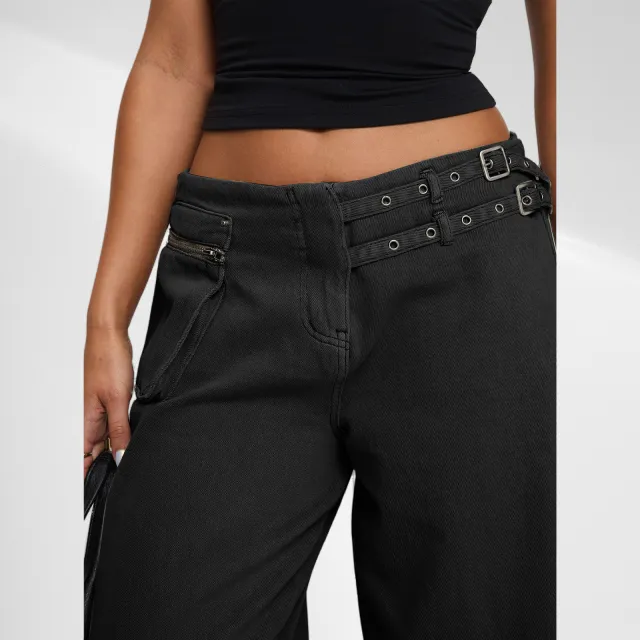 European And American Dark Wide leg Jeans Personalized Belt Buckle Asymmetric Pocket Drag Sister Out Of The Street Black - Shop at LoveMi