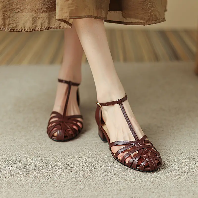 Women's Woven Hollowed Closed Toe Low Heel Flat Sandals