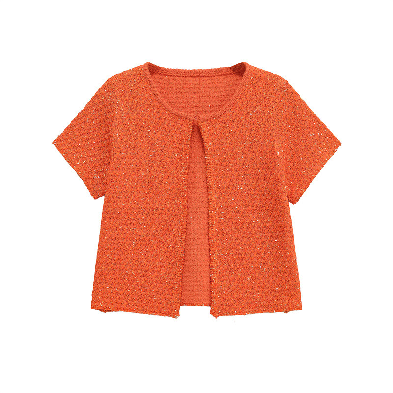 Beads Decoration Knitwear Women's Round Neck Short Sleeve Top Wide Camisole Vest Orange - Shop at LoveMi