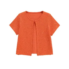 Beads Decoration Knitwear Women's Round Neck Short Sleeve Top Wide Camisole Vest - Orange - View 1