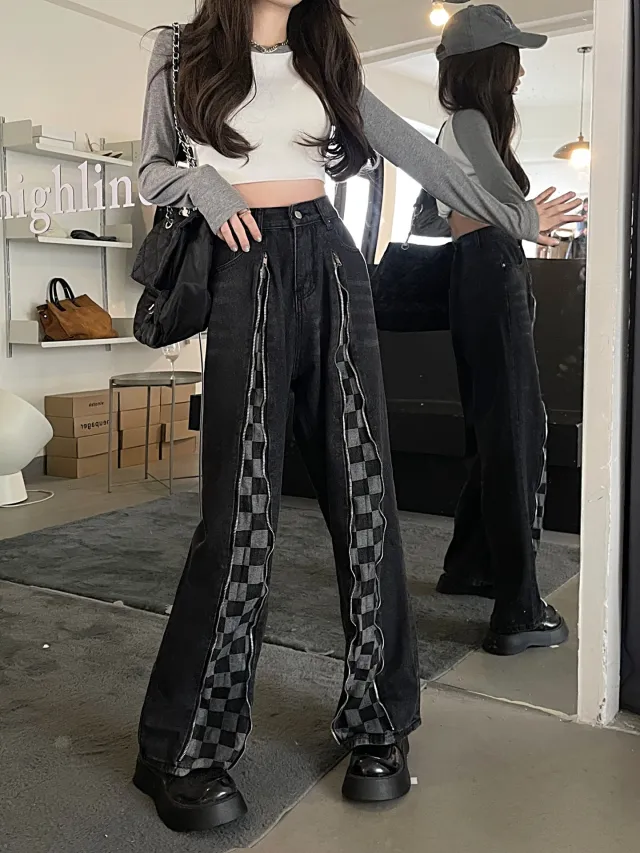 Retro Washed Zipper Chessboard Plaid Jeans Loose Hip Hop Casual Pants Black - Shop at LoveMi