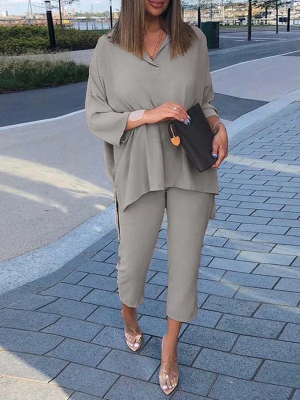 Cotton And Linen Women's Casual And Comfortable Elastic Waist Suit Shirt Cropped Pants Gray - Shop at LoveMi