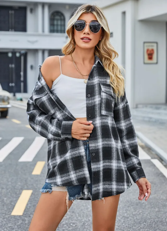 European And American Autumn And Winter Leisure Long Sleeve Flannel Plaid Pocket Shirt Black - Shop at LoveMi